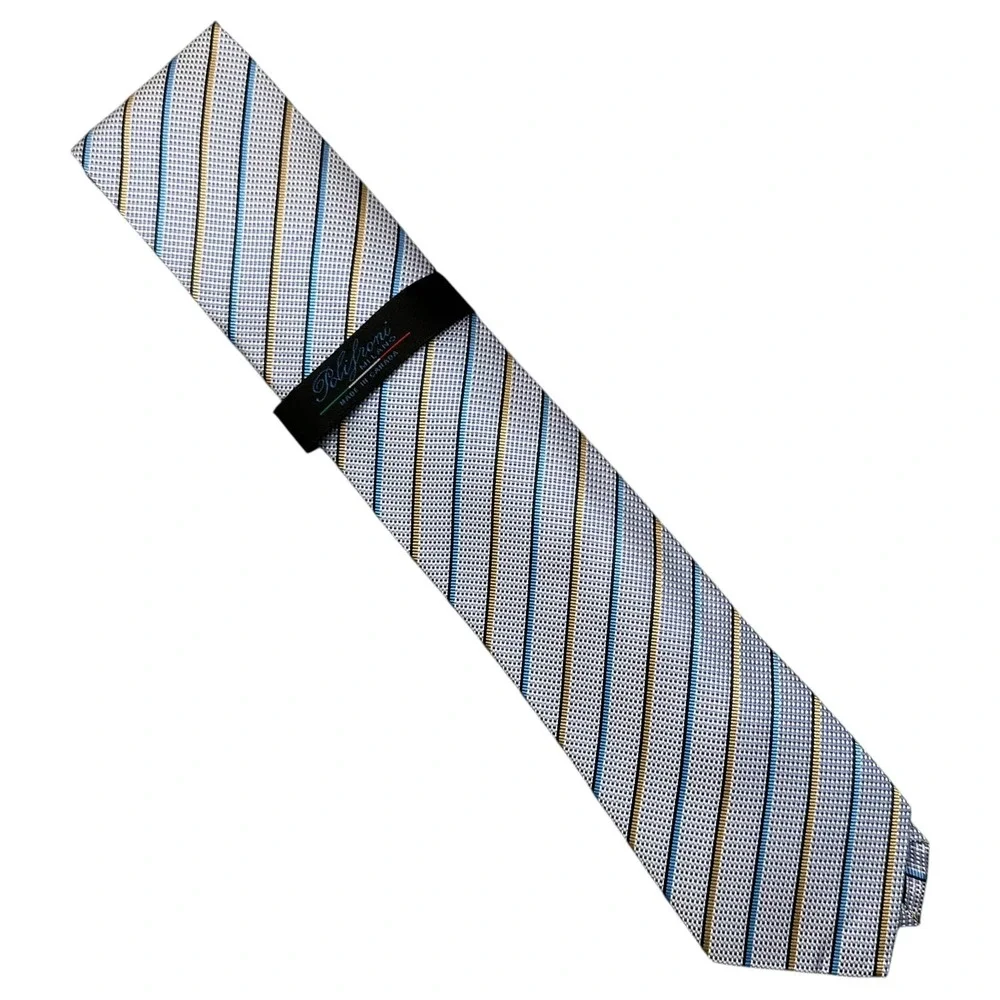 NWT Polifroni Milano Tie Mens Blue Gold Striped Italian Silk Handmade Necktie‎